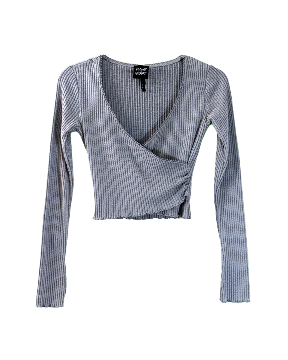 GREY RIBBED KNIT WRAP CROP TOP