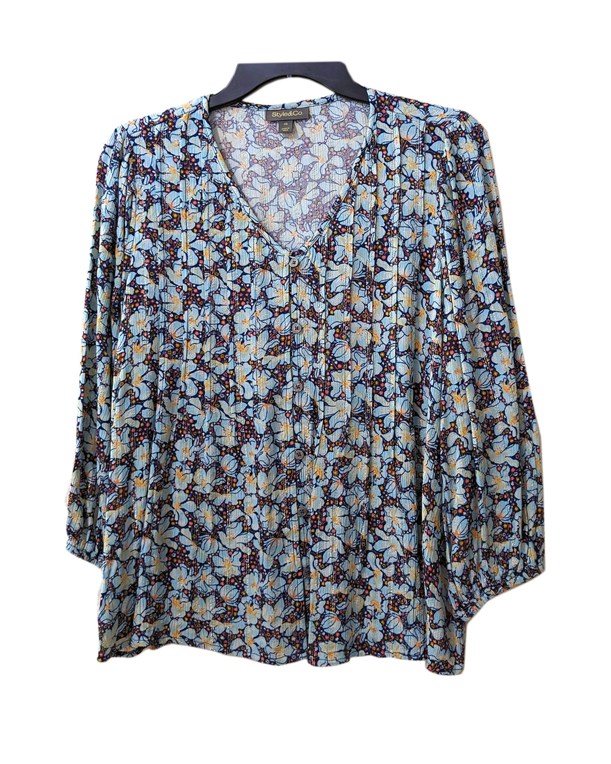 PRINTED PINTUCK BUTTON-FRONT BLOUSE