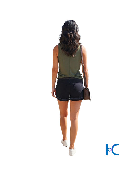 RAW-EDGE CUFFED BLACK DENIM SHORTS