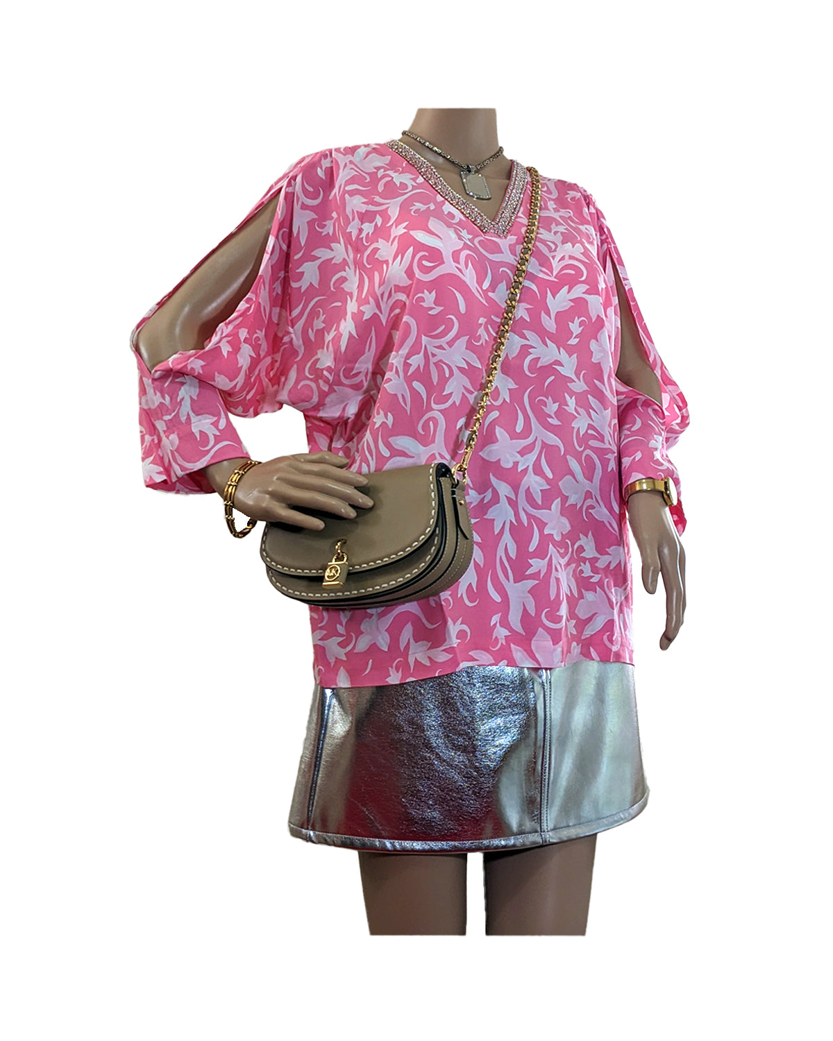 PINK PETUNIA EMBELLISHED V-NECK BLOUSE