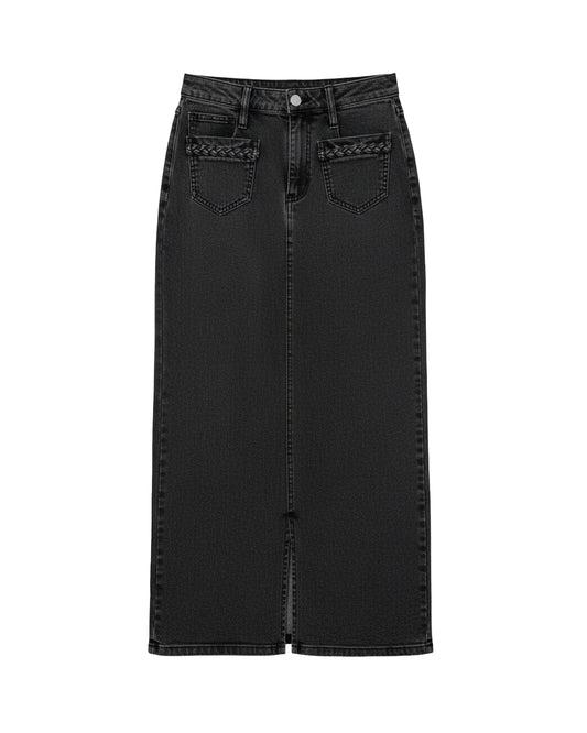 WASHED BLACK DENIM MAXI SKIRT