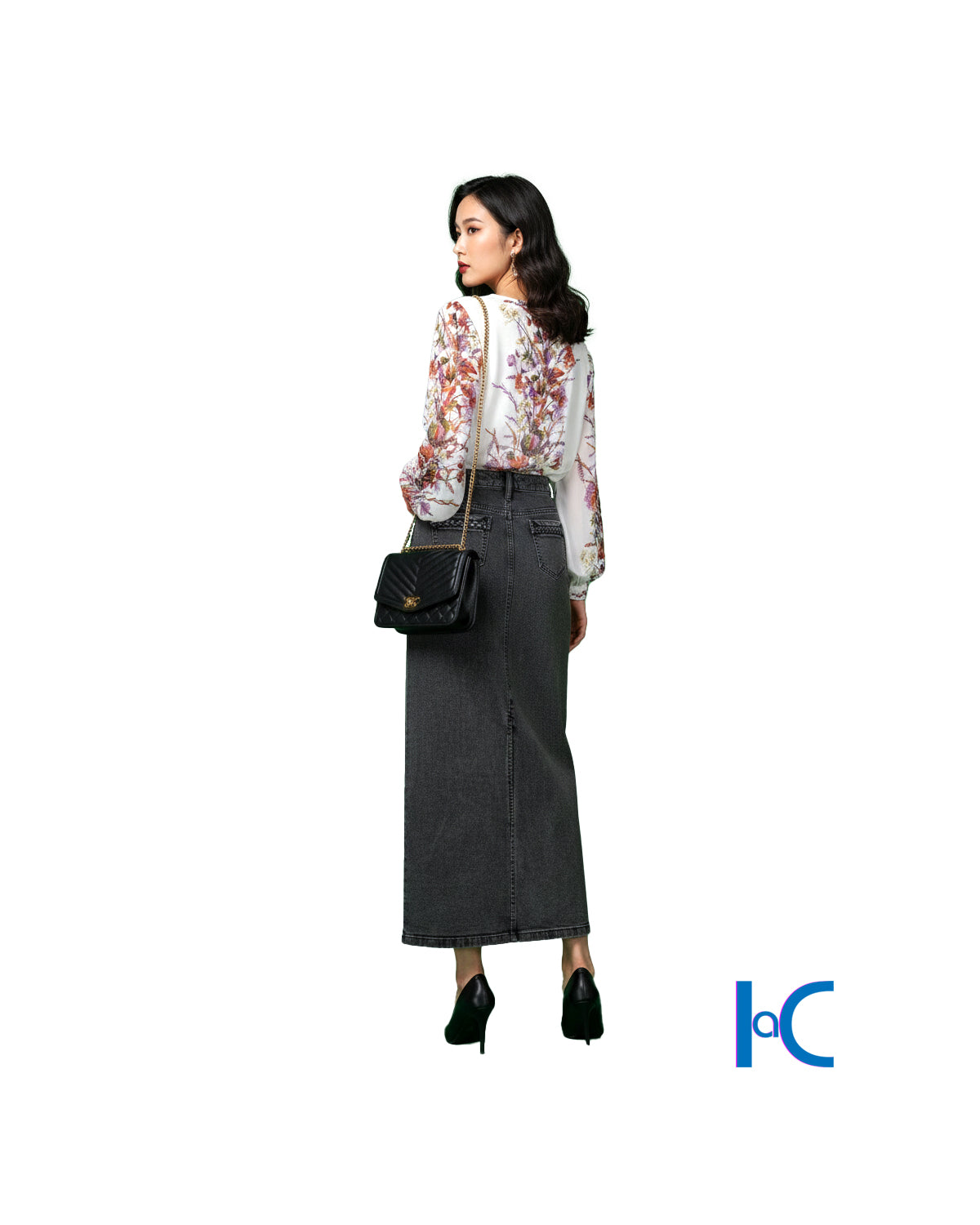 WASHED BLACK DENIM MAXI SKIRT