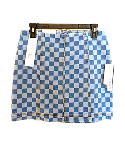 BLUE CHECKERED DENIM MINISKIRT