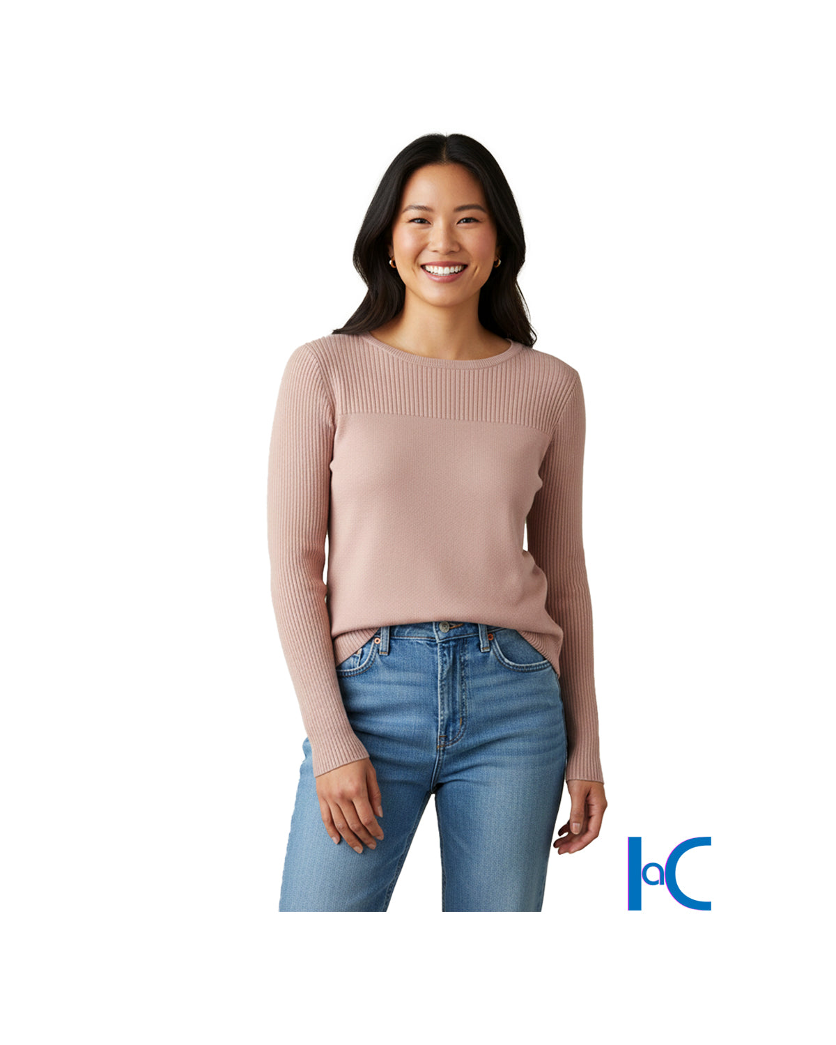 WOMEN'S RIBBED YOKE CREWNECK KNIT TOP
