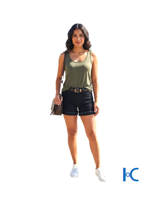 RAW-EDGE CUFFED BLACK DENIM SHORTS