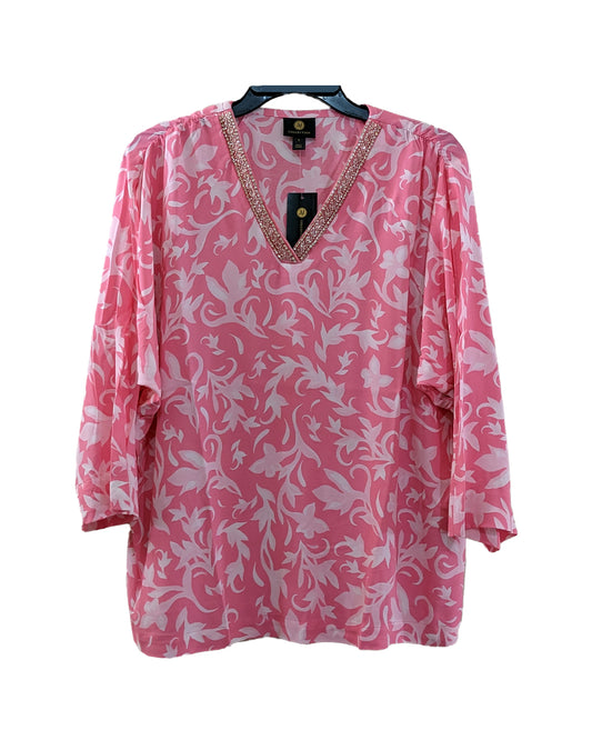 PINK PETUNIA EMBELLISHED V-NECK BLOUSE