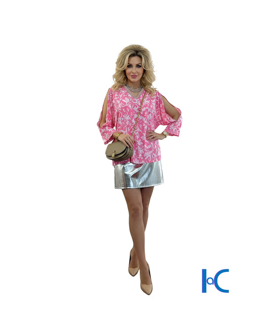 PINK PETUNIA EMBELLISHED V-NECK BLOUSE