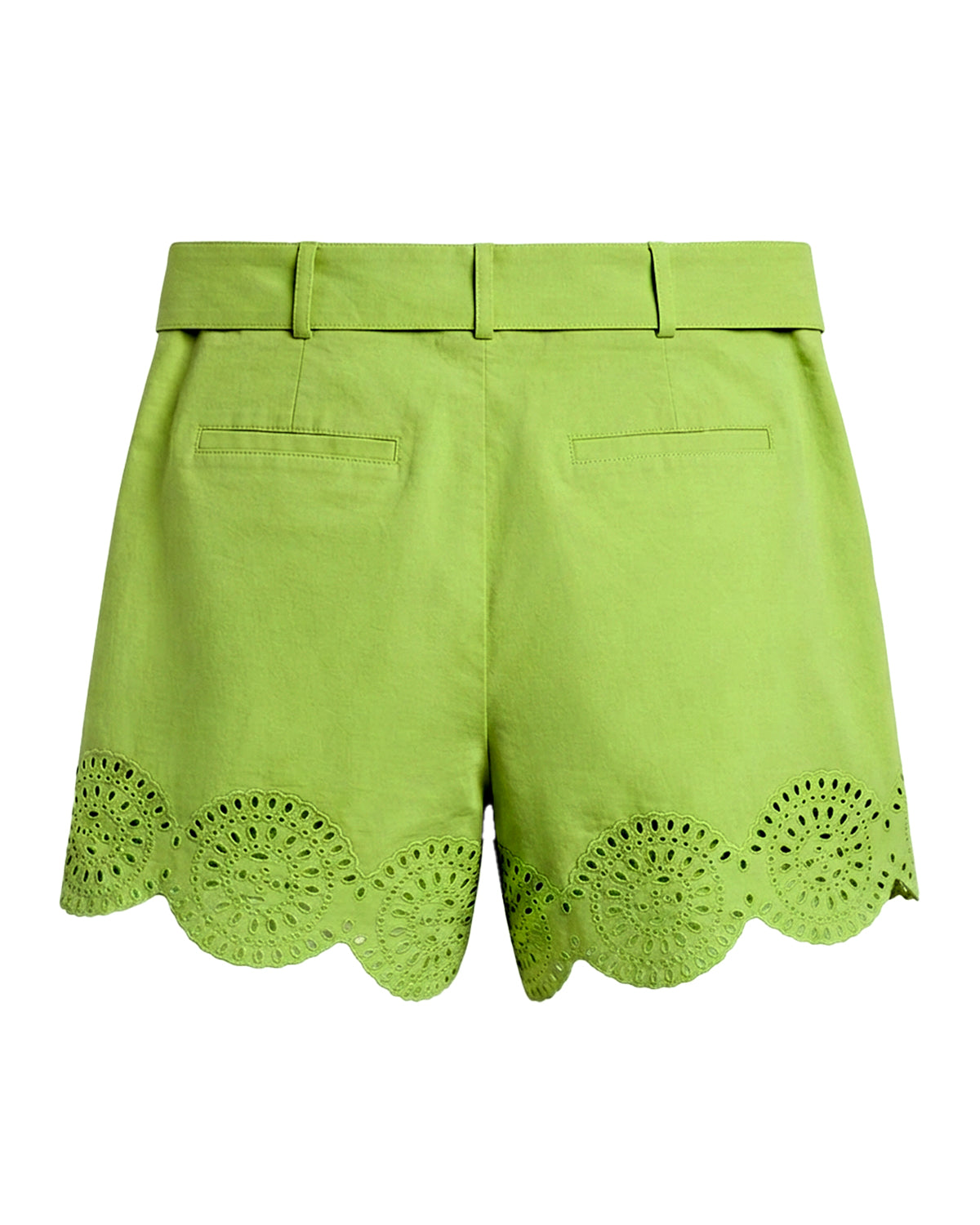 EYELET SCALLOPED-HEM BELTED SHORTS