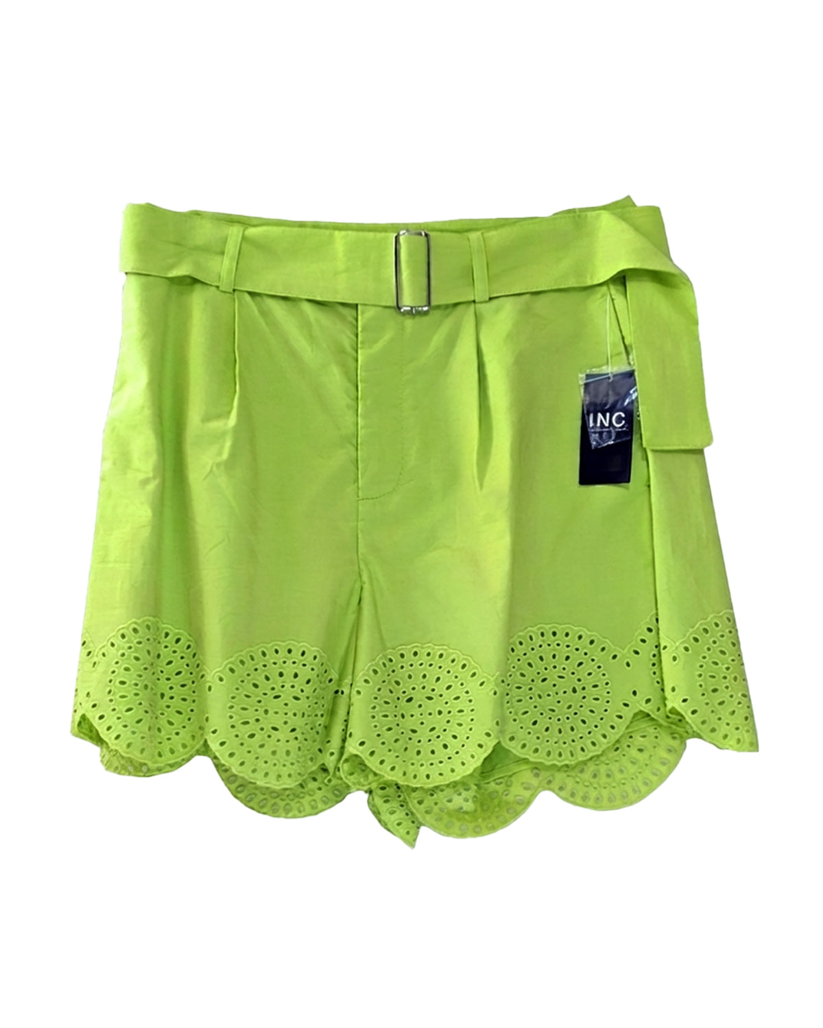 EYELET SCALLOPED-HEM BELTED SHORTS