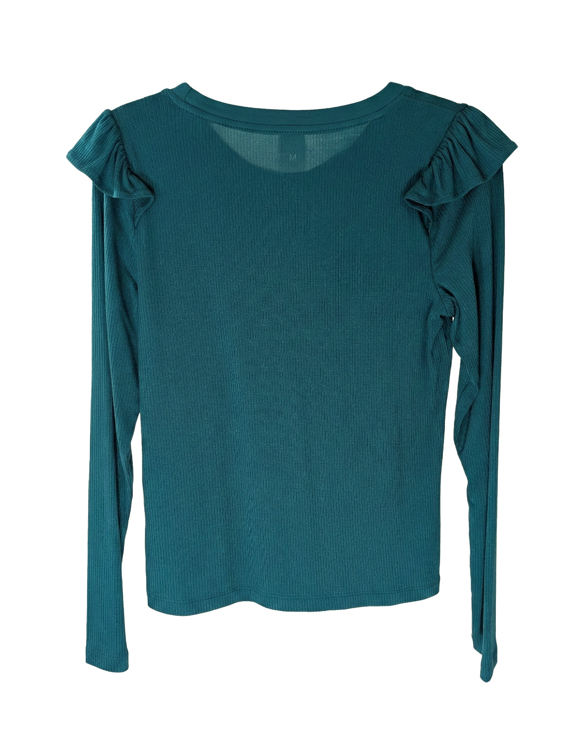 WOMEN'S RIB-KNIT RUFFLE SHOULDER TOP