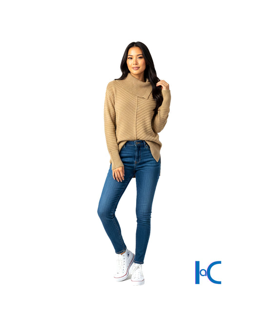 RIBBED ASYMMETRIC-COLLAR TUNIC SWEATER