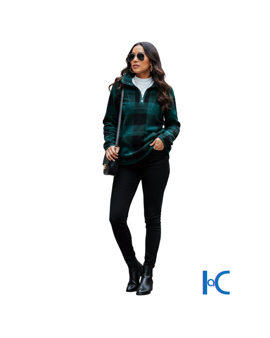 HALF ZIP PLAID SHIRT-TAIL FLEECE