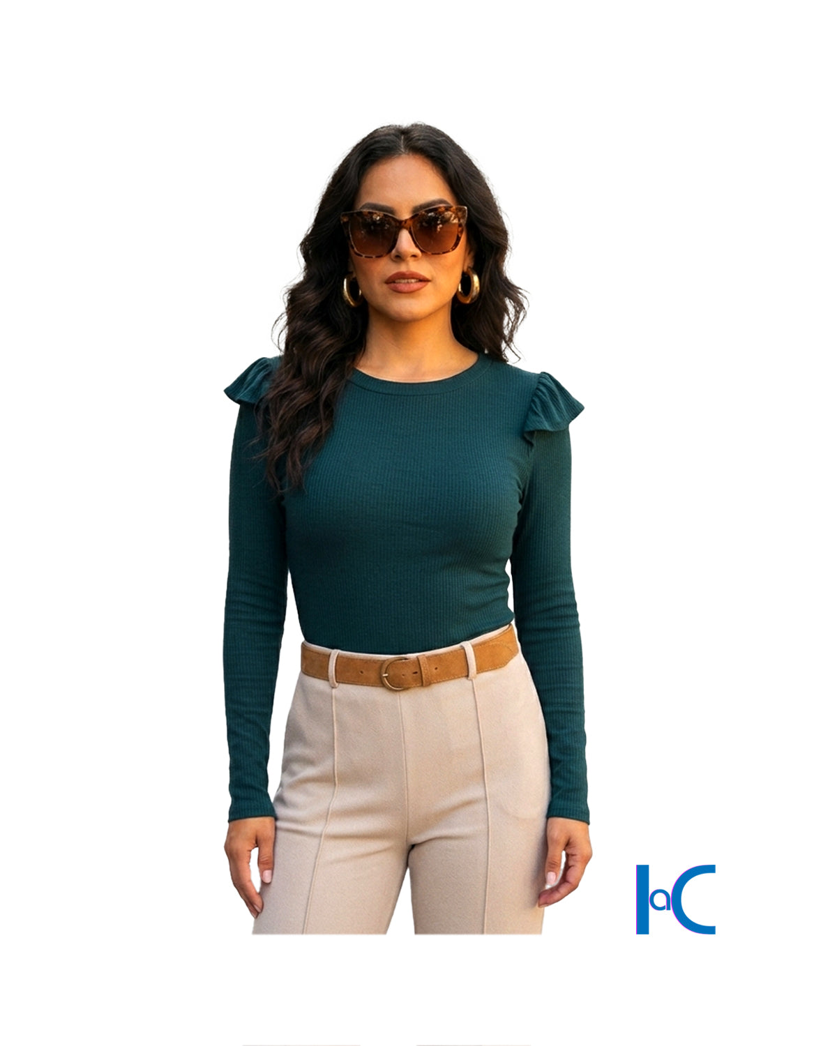 WOMEN'S RIB-KNIT RUFFLE SHOULDER TOP
