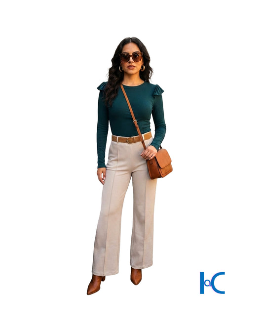 WOMEN'S RIB-KNIT RUFFLE SHOULDER TOP