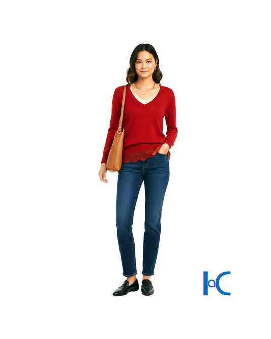 RED LACE TRIM V-NECK SWEATER