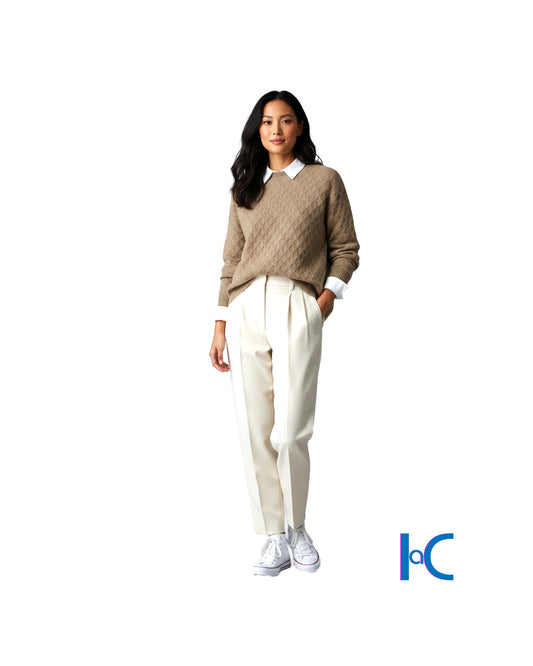 TAN CABLE-KNIT CREWNECK SWEATER