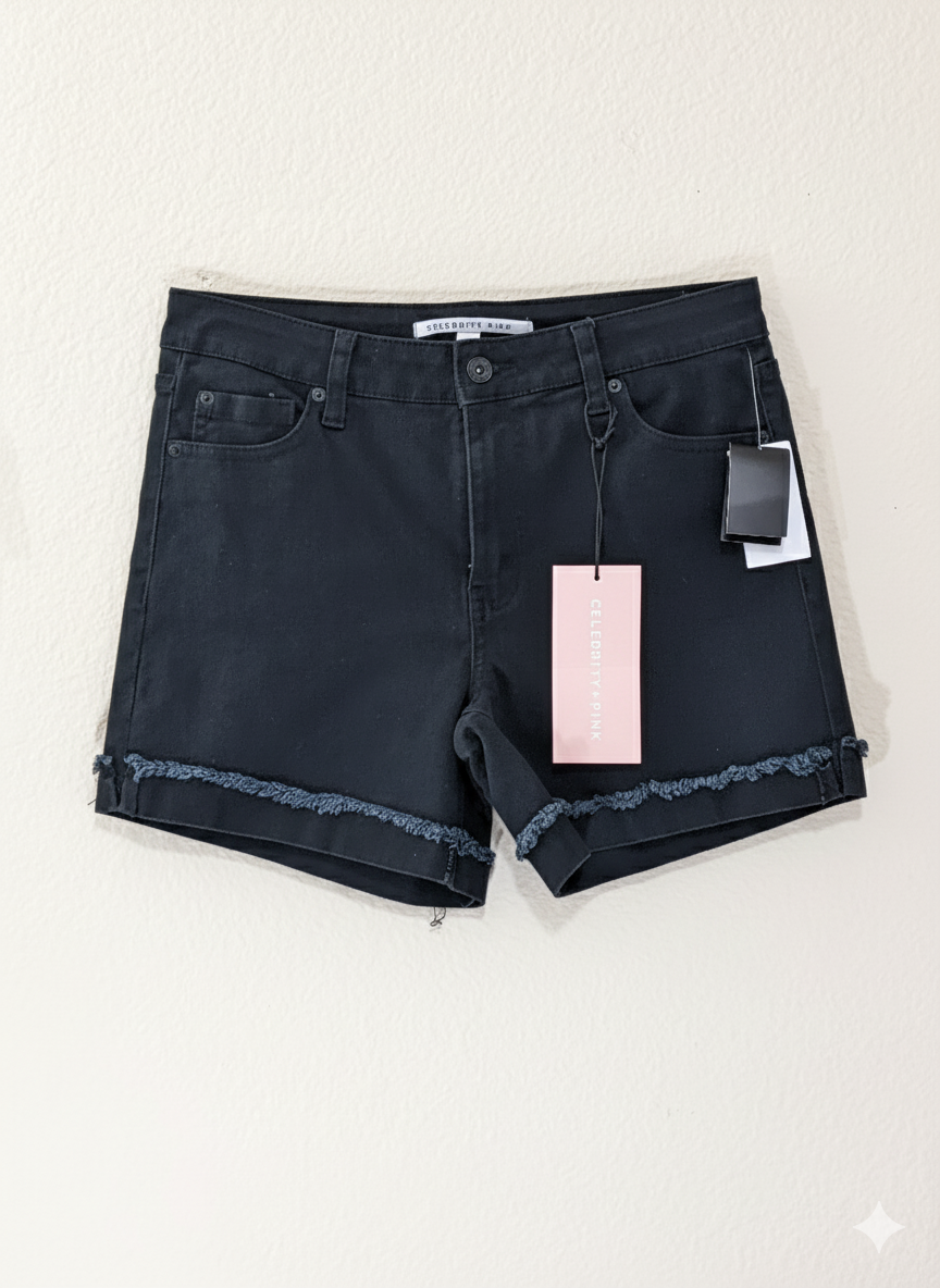 RAW-EDGE CUFFED BLACK DENIM SHORTS