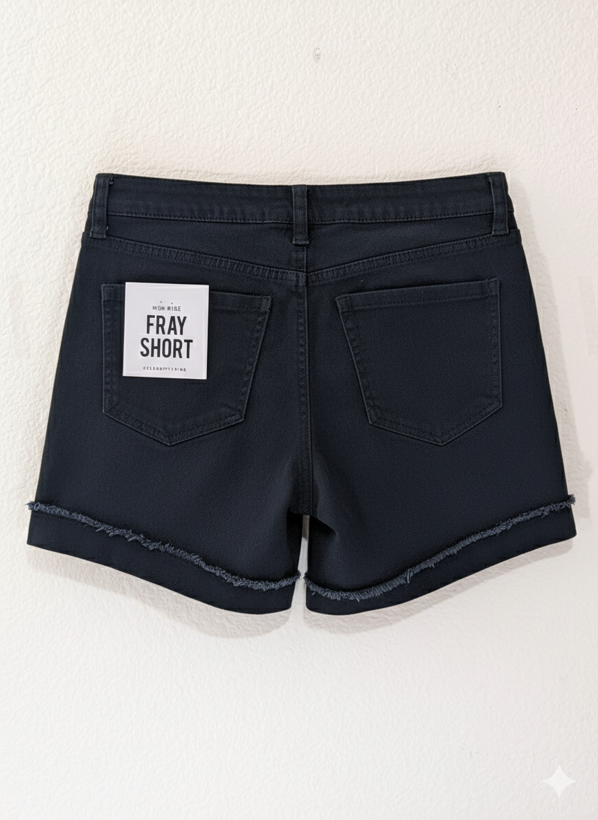 RAW-EDGE CUFFED BLACK DENIM SHORTS
