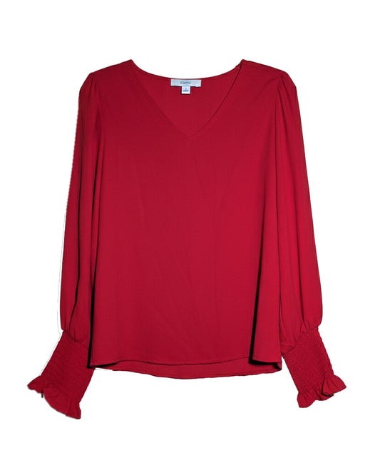 V-NECK LONG-SLEEVE SHIRRED CUFF BLOUSE