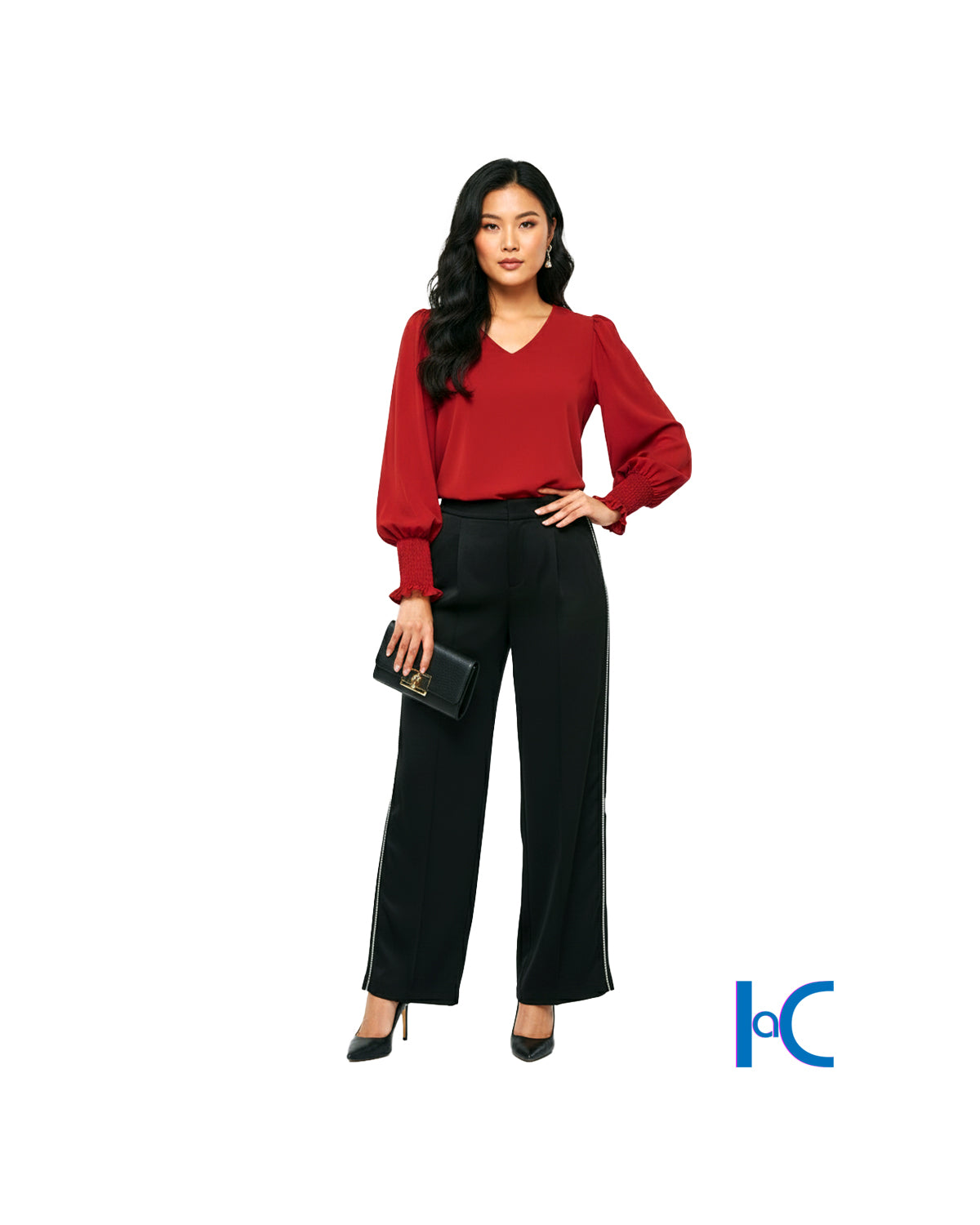 V-NECK LONG-SLEEVE SHIRRED CUFF BLOUSE